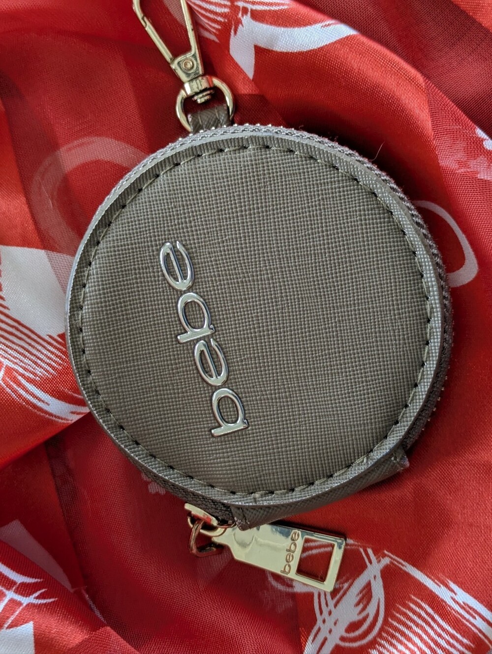 bebe Taupe Round Coin Purse with Clip